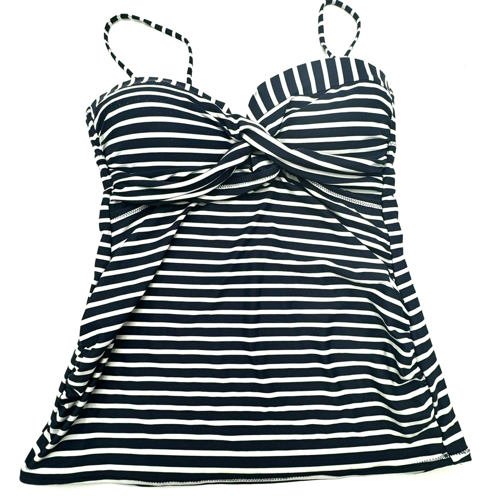 PEA IN THE POD Medium Maternity Blue and‎ White Striped Twist Swim Tankini Top